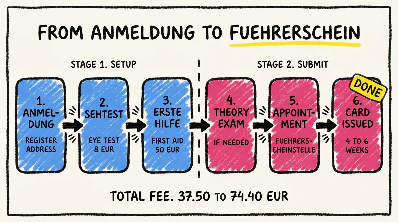 Six-step process flow from Anmeldung to Führerschein, split into Stage 1 setup (Anmeldung, Sehtest eye test 8 EUR, Erste Hilfe first aid 50 EUR) and Stage 2 submit (theory exam if needed, appointment at the Führerscheinstelle, card issued in 4 to 6 weeks). Total fee 37.50 to 74.40 EUR.