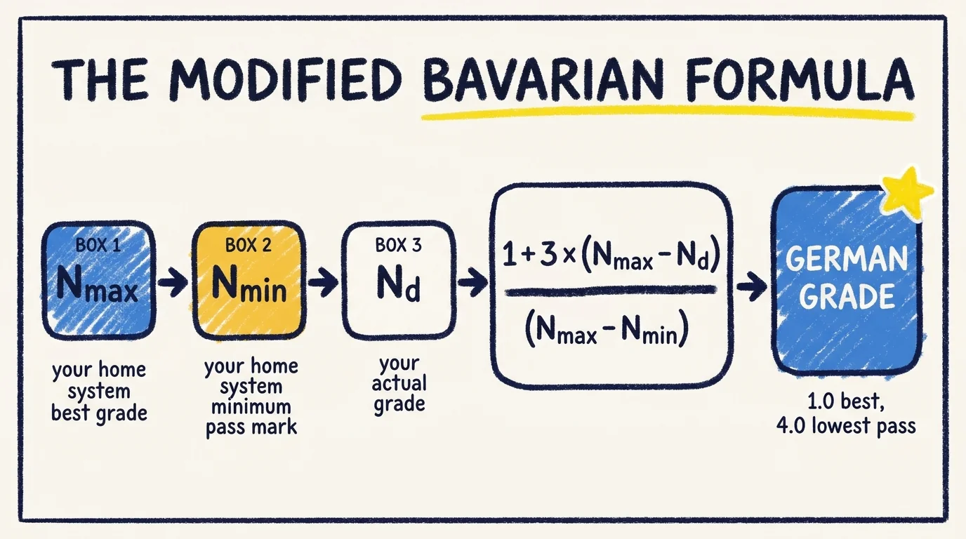 Process flow showing the modified Bavarian formula's three inputs (Nmax = home system best grade, Nmin = home system minimum pass mark, Nd = your actual grade) feeding into the formula 1 + 3 x (Nmax minus Nd) divided by (Nmax minus Nmin), producing the German grade output where 1.0 is best and 4.0 is the lowest pass.
