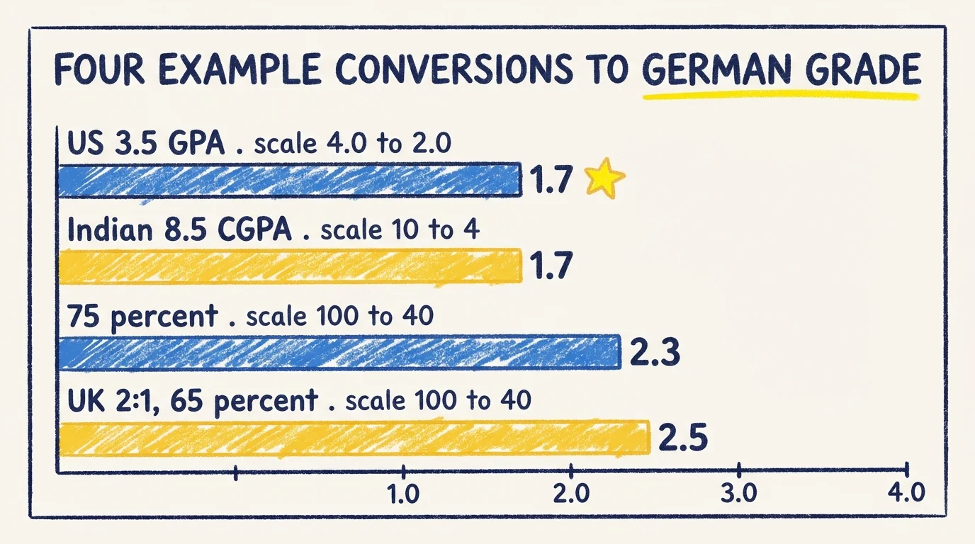 Comparison bar chart showing four example conversions to the German grade. US 3.5 GPA on a 4.0 to 2.0 scale converts to 1.7 (best result). Indian 8.5 CGPA on a 10 to 4 scale converts to 1.7. 75 percent on a 100 to 40 scale converts to 2.3. UK 2:1 at 65 percent on a 100 to 40 scale converts to 2.5.
