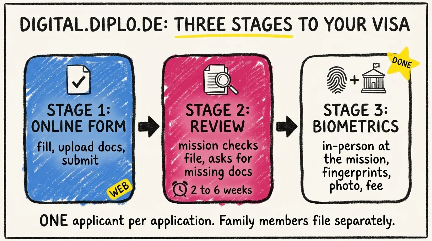 Three-stage flow on digital.diplo.de: stage 1 fill the online form and upload documents, stage 2 mission preliminary review (2 to 6 weeks), stage 3 in-person biometrics appointment for fingerprints, photo, and fee. One applicant per application; family members file separately.