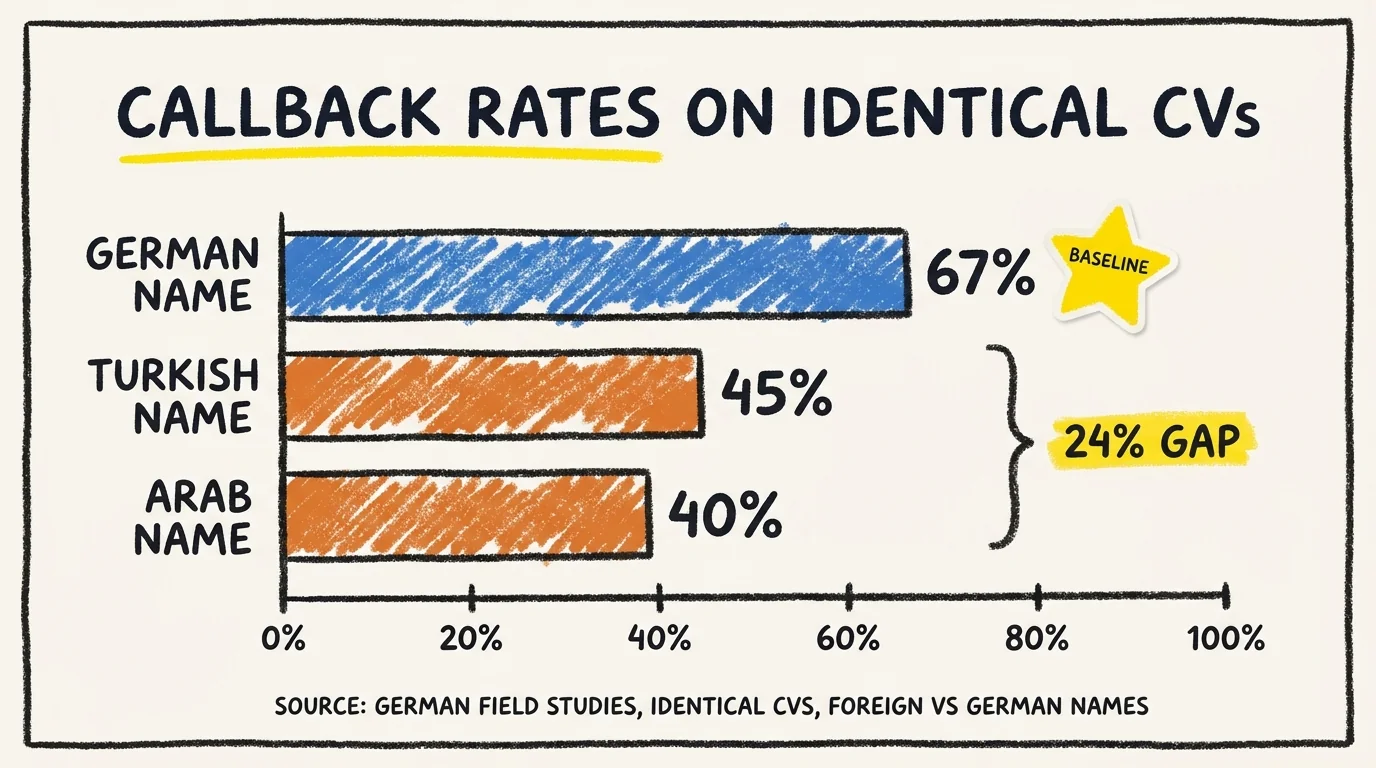 Comparison bar chart of callback rates on identical CVs in German hiring studies. German names get 67% callbacks (baseline). Turkish names 45%. Arab names 40%. The 24% gap between baseline and foreign-name callback rates.