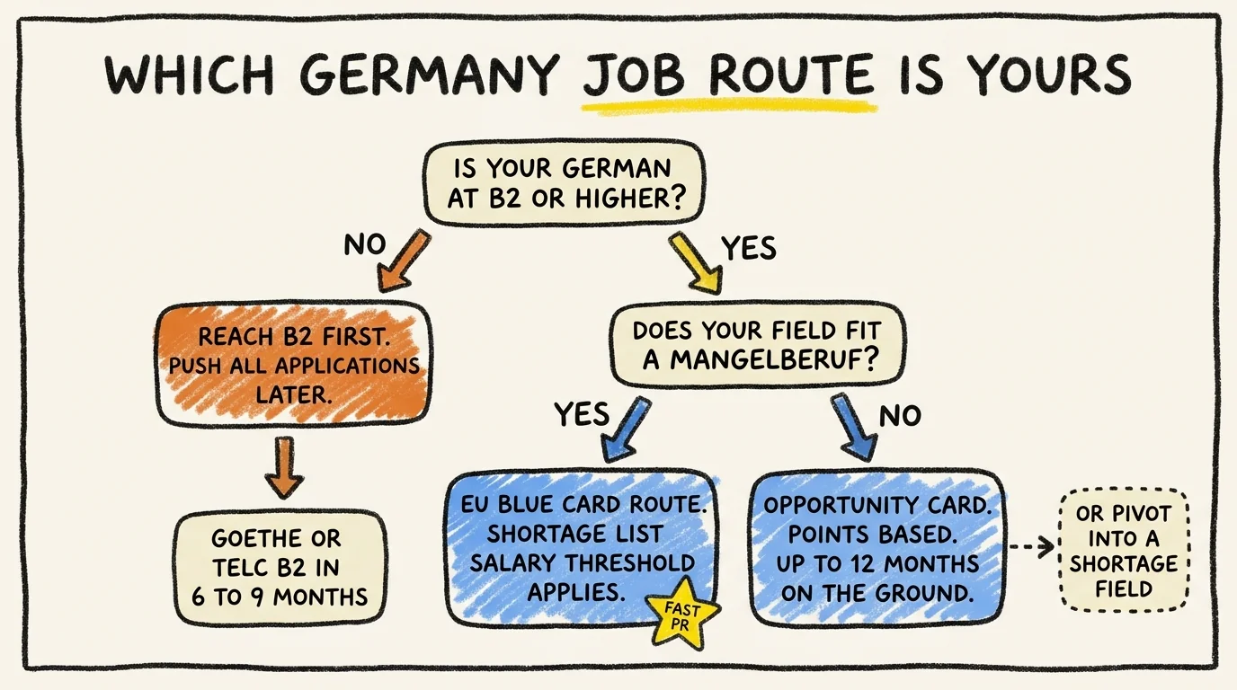 Decision tree for which Germany job route to pursue. First question: is your German at B2 or higher. If no, reach B2 first via Goethe or telc in 6 to 9 months. If yes, second question: does your field fit a Mangelberuf shortage occupation. If yes, EU Blue Card route with shortage-list salary threshold and fast permanent residency. If no, Opportunity Card with points-based scoring and up to 12 months on the ground, or pivot into a shortage field.