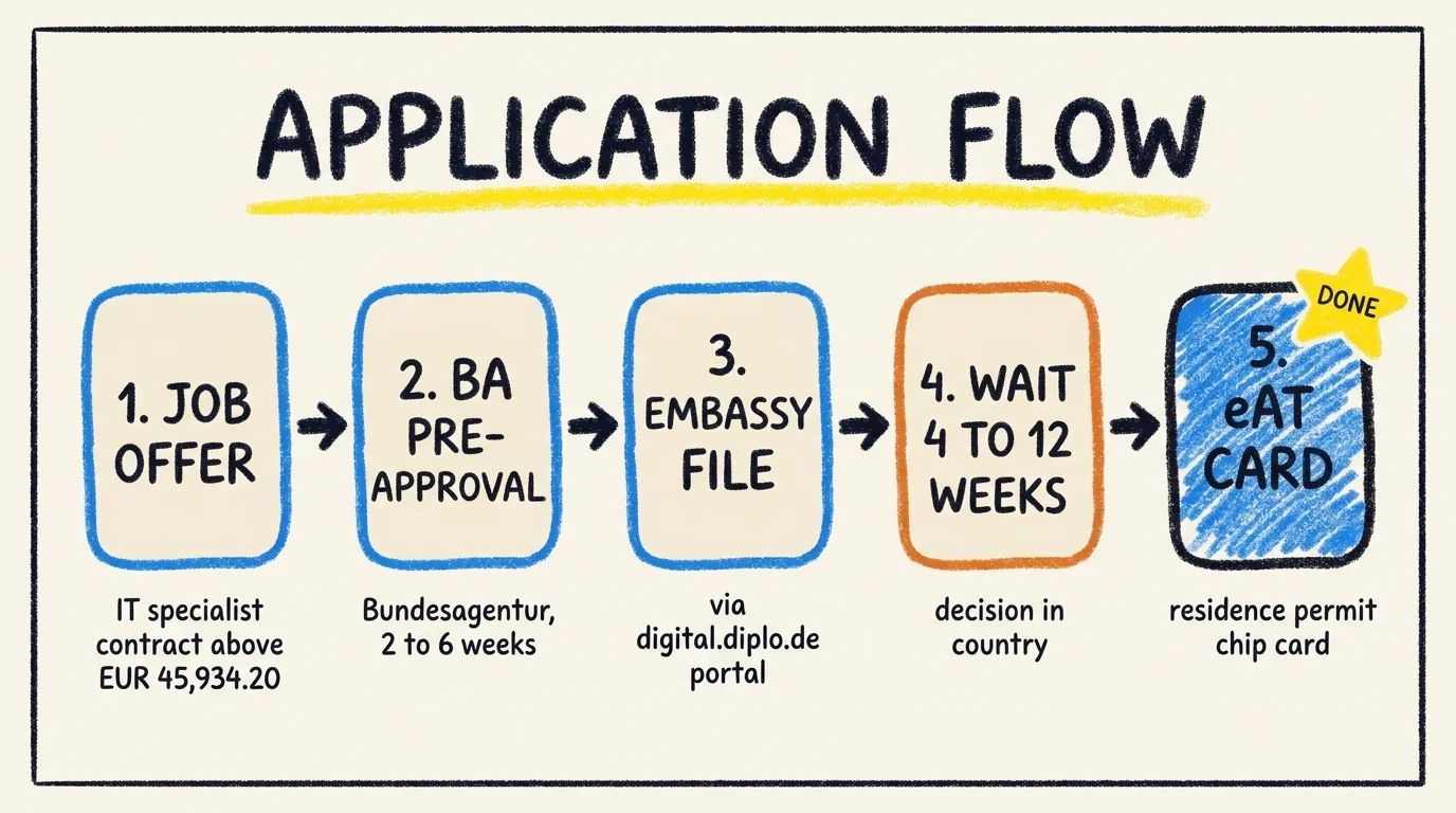 Five-step process flow for applying for the German IT specialist Blue Card without a degree: step 1 secure a job offer with IT specialist contract above EUR 45,934.20, step 2 Bundesagentur pre-approval taking 2 to 6 weeks, step 3 file the embassy application via the digital.diplo.de portal, step 4 wait 4 to 12 weeks for the decision, step 5 receive the eAT residence permit chip card. Total time from offer to card is typically 3 to 5 months.