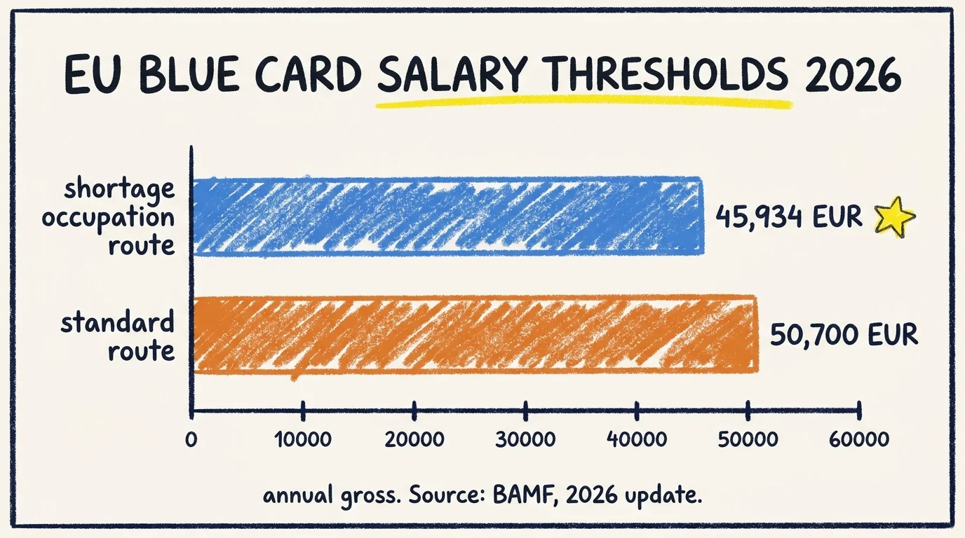 Comparison bar chart showing the two EU Blue Card 2026 salary thresholds: shortage occupation route at 45,934 EUR (the lower threshold, marked with a yellow star) versus the standard route at 50,700 EUR, drawn in MSinGermany crayon style