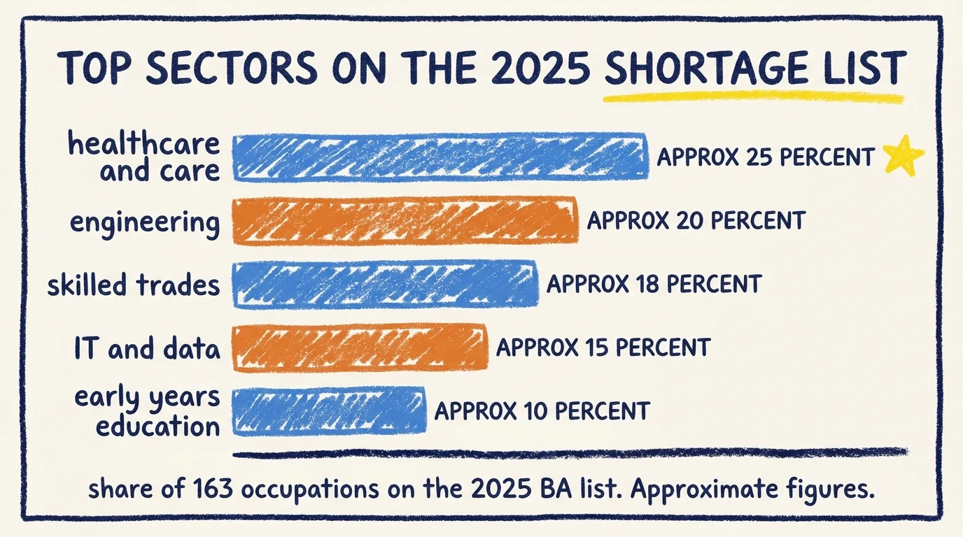Horizontal bar chart of the top sectors on the 2025 BA shortage list: healthcare and care approx 25 percent (largest, marked with a yellow star), engineering approx 20 percent, skilled trades approx 18 percent, IT and data approx 15 percent, early years education approx 10 percent, drawn in MSinGermany crayon style