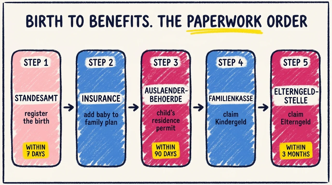 Birth-to-benefits paperwork flow: Standesamt within 7 days for the birth certificate, then add the baby to your family insurance, then Ausländerbehörde within 90 days for the child's residence permit, then Familienkasse for Kindergeld and Elterngeldstelle for Elterngeld within 3 months