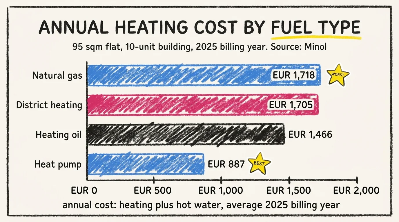 Horizontal bar chart showing annual heating plus hot water cost for a 95 sqm flat in 2025: natural gas EUR 1,718 (worst), district heating EUR 1,705, heating oil EUR 1,466, heat pump EUR 887 (best). Source Minol 2025 statistics.