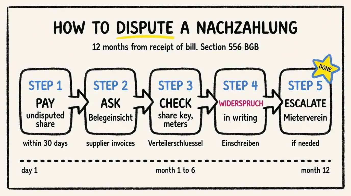 Five-step horizontal process flow for disputing a Nebenkosten Nachzahlung under Section 556 BGB: Step 1 pay undisputed share within 30 days, Step 2 ask for Belegeinsicht, Step 3 check share key and meters, Step 4 file Widerspruch in writing, Step 5 escalate to Mieterverein if needed. Timeline runs from day 1 to month 12.