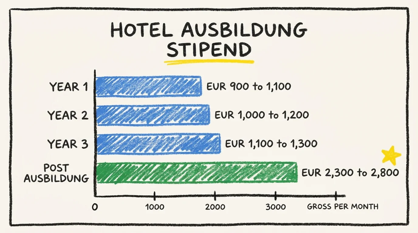 Bar chart showing hotel Ausbildung gross monthly stipend by year: Year 1 EUR 900 to 1,100, Year 2 EUR 1,000 to 1,200, Year 3 EUR 1,100 to 1,300, and post-Ausbildung entry-level EUR 2,300 to 2,800