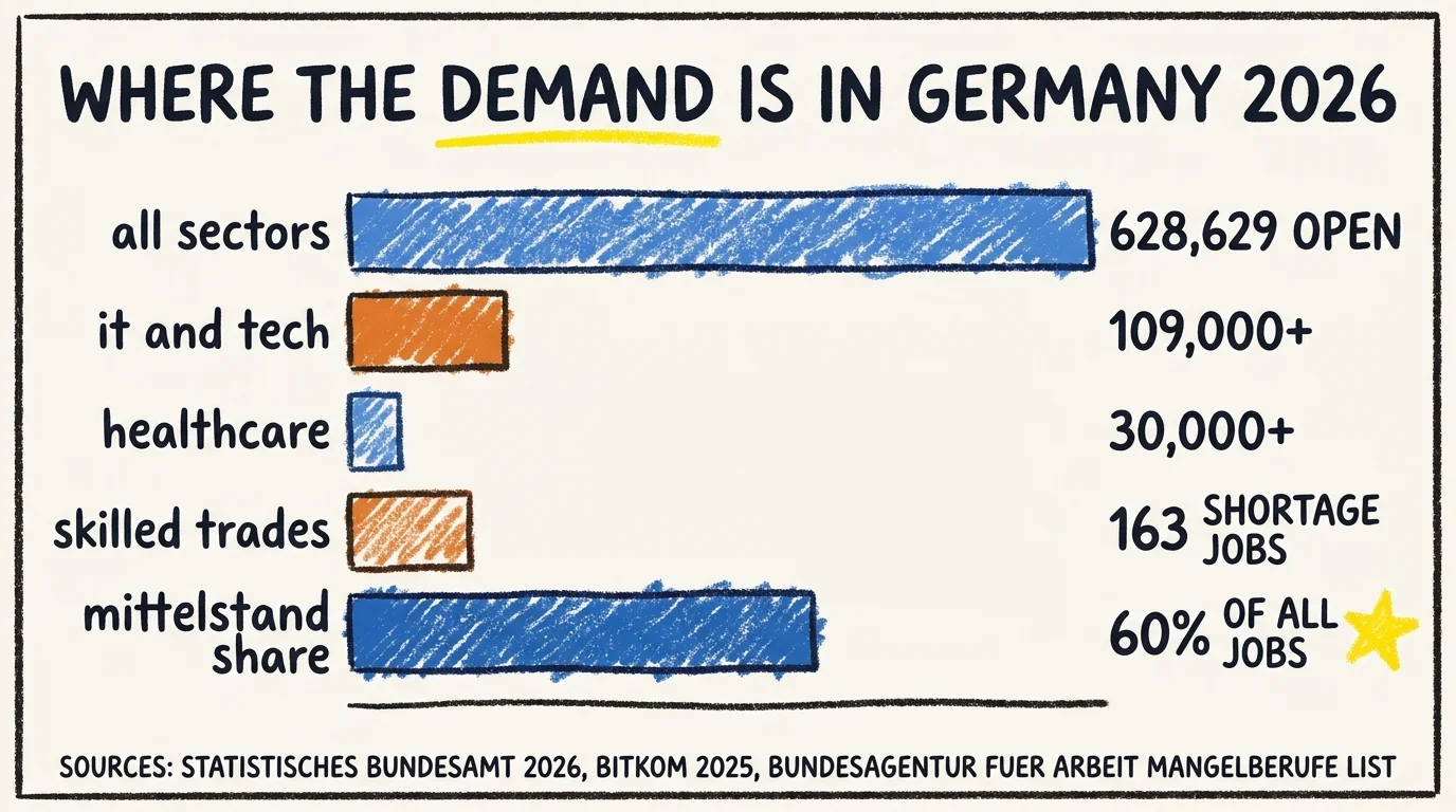 Horizontal crayon bar chart titled WHERE THE DEMAND IS IN GERMANY 2026 comparing five labour-market segments. All sectors: 628,629 open vacancies. IT and tech: 109,000 plus. Healthcare: 30,000 plus. Skilled trades: 163 shortage occupations. Mittelstand share of total jobs: 60 percent. Sources Statistisches Bundesamt 2026, Bitkom 2025, Bundesagentur fuer Arbeit Mangelberufe list.