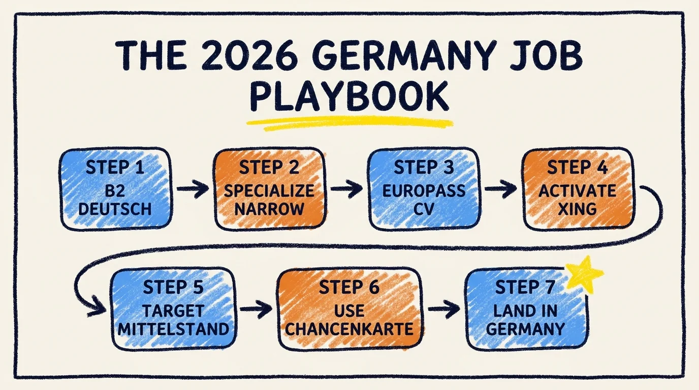 Crayon process flow titled THE 2026 GERMANY JOB PLAYBOOK with seven boxes connected by arrows. Step 1 B2 Deutsch. Step 2 Specialize narrow. Step 3 Europass CV. Step 4 Activate XING. Step 5 Target Mittelstand. Step 6 Use Chancenkarte. Step 7 Land in Germany.