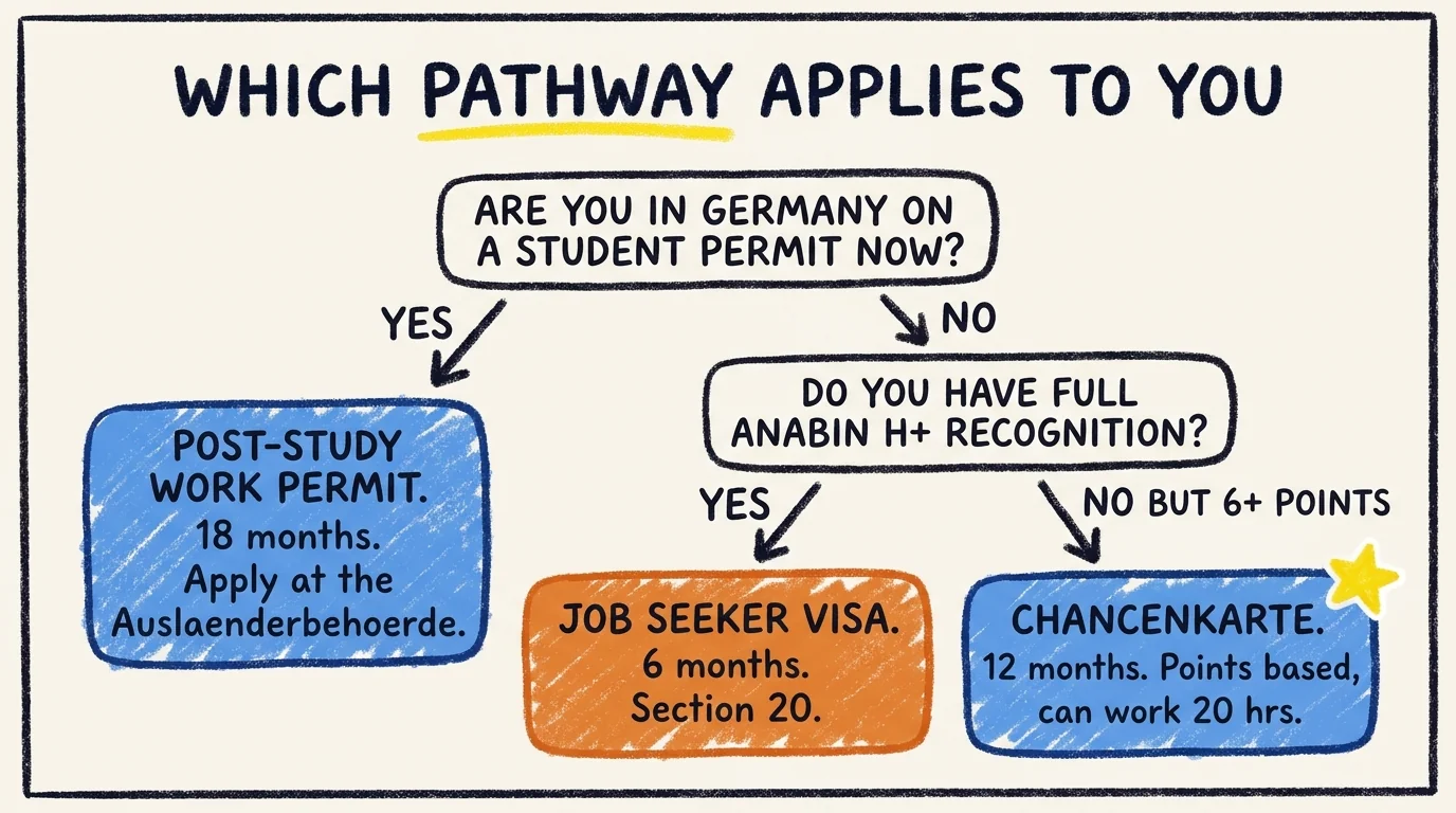Decision tree for Germany 2026 job-search residence permits showing the choice between post-study work permit (18 months for German university graduates), traditional Job Seeker Visa under section 20 (6 months for applicants with full Anabin H+ recognition), and the Chancenkarte (12 months for applicants with 6 or more points who can also work 20 hours a week)