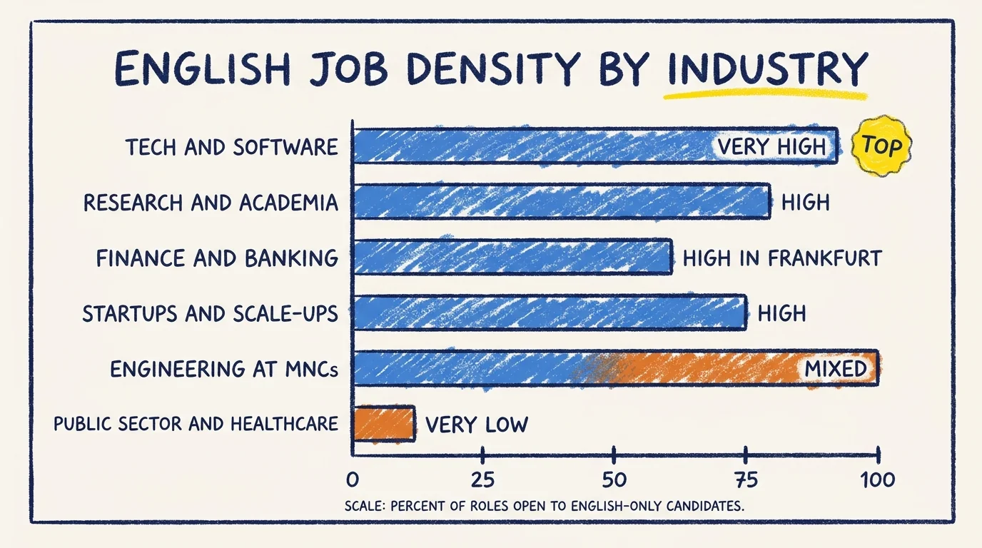 Horizontal bar chart titled English Job Density by Industry. Tech and Software ranks Very High at the top, followed by Research and Academia at High, Startups and Scale-ups at High, Finance and Banking High in Frankfurt, Engineering at MNCs Mixed, and Public Sector and Healthcare Very Low.