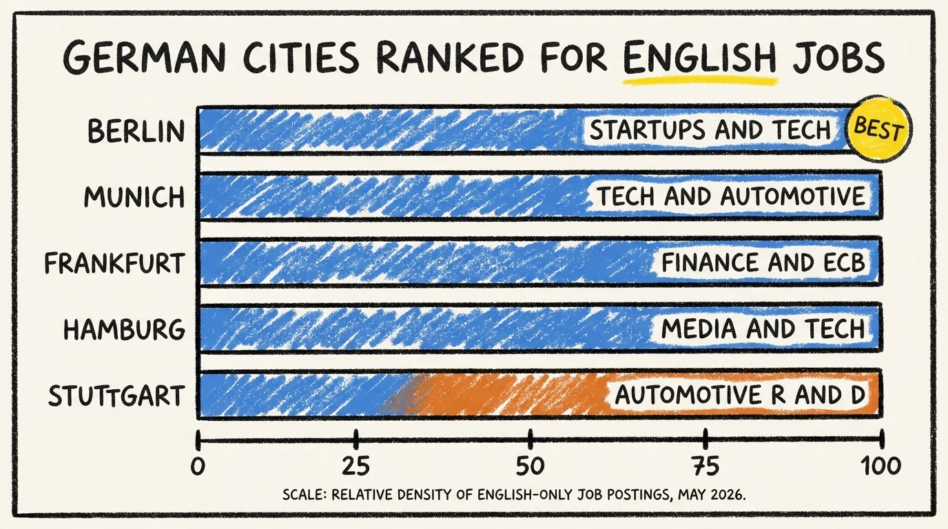 Horizontal bar chart titled German Cities Ranked for English Jobs. Berlin scores highest with Startups and Tech, followed by Munich Tech and Automotive, Frankfurt Finance and ECB, Hamburg Media and Tech, and Stuttgart Automotive R and D. Scale shows relative density of English-only job postings as of May 2026.