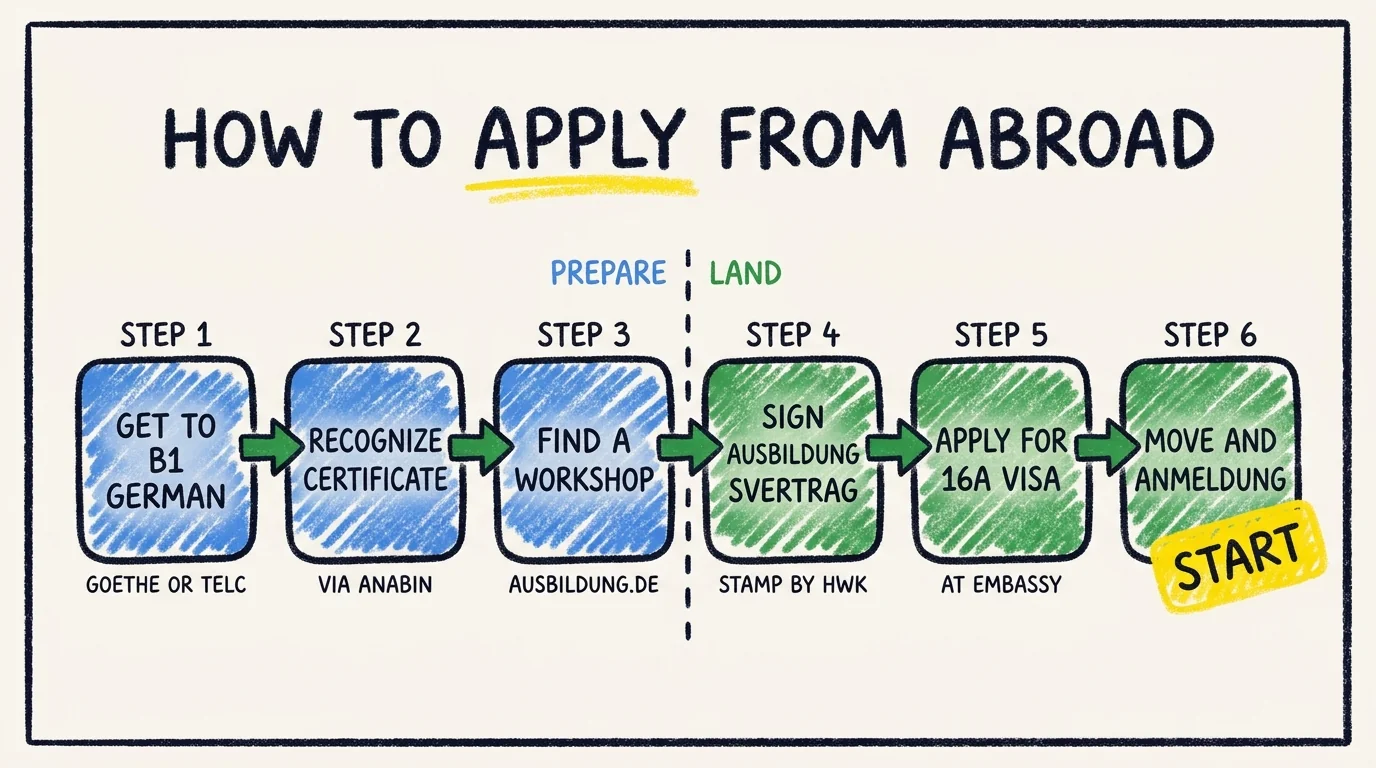 Six-step process flow showing how non-EU applicants apply for a KFZ-Mechatroniker Ausbildung from abroad: get to B1 German, recognize certificate via Anabin, find a workshop on ausbildung.de, sign Ausbildungsvertrag stamped by HWK, apply for the Section 16a visa at the embassy, then move and Anmeldung to start.
