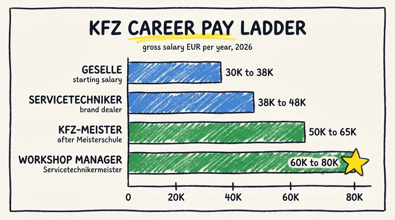 Horizontal bar chart of KFZ career pay ladder in 2026, gross salary EUR per year: Geselle starting salary 30K to 38K, Servicetechniker at a brand dealer 38K to 48K, KFZ-Meister after Meisterschule 50K to 65K, and Workshop Manager (Servicetechnikermeister) 60K to 80K, marked as the top step.