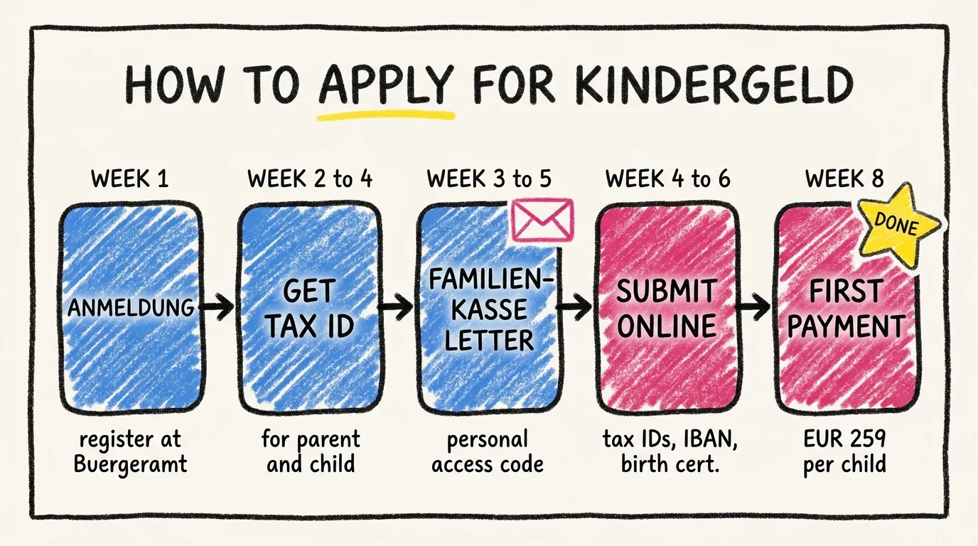 Five-step process flow for applying for Kindergeld in Germany: Week 1 Anmeldung at the Buergeramt, Week 2 to 4 get tax IDs for parent and child, Week 3 to 5 wait for the Familienkasse welcome letter with a personal access code, Week 4 to 6 submit the application online with tax IDs, IBAN, and birth certificate, Week 8 first payment of EUR 259 per child arrives.