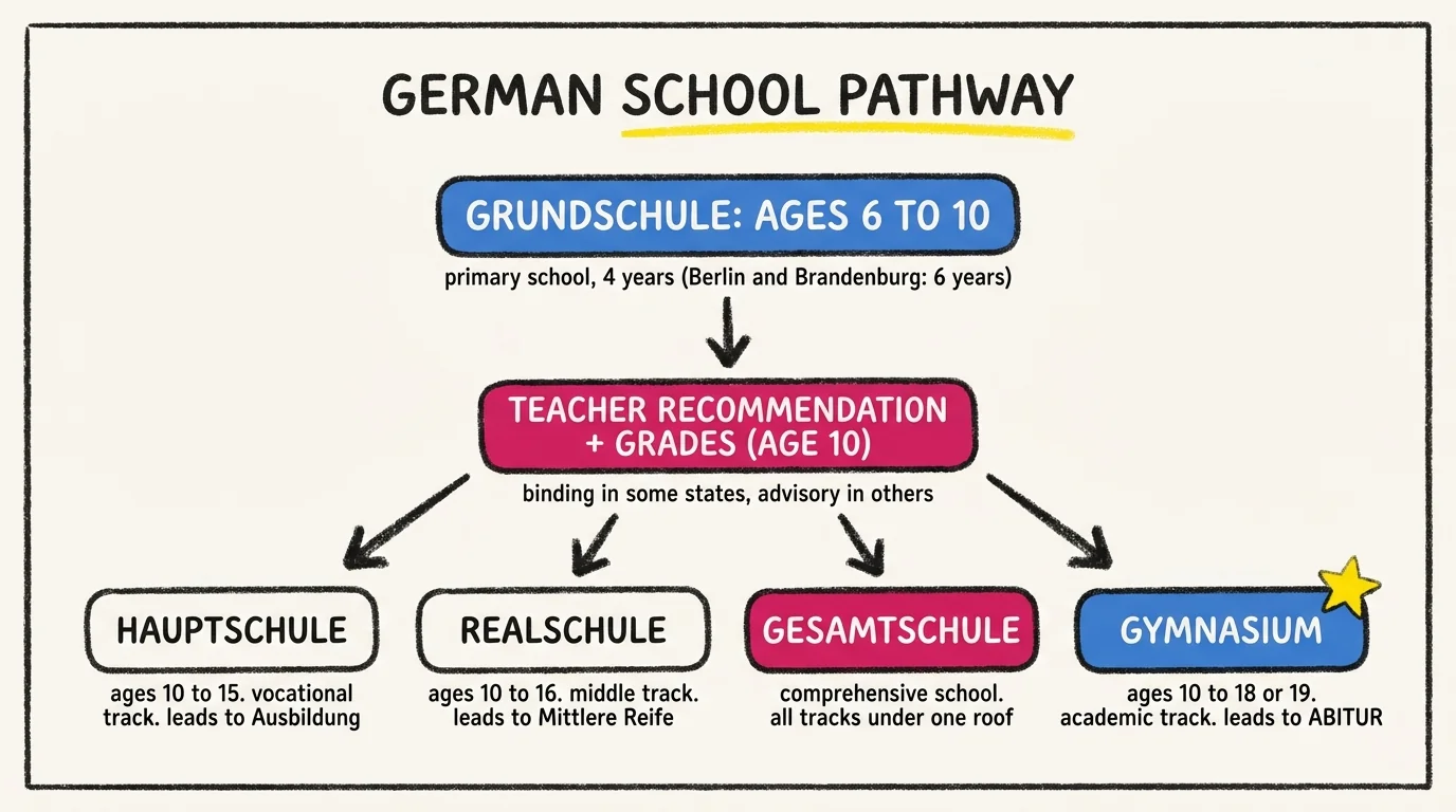 Decision tree of the German school pathway: Grundschule for ages 6 to 10, then teacher recommendation and grades at age 10 sort children into Hauptschule, Realschule, Gesamtschule, or Gymnasium