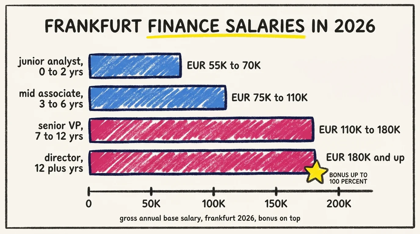 Frankfurt finance salaries 2026 by experience: junior analyst EUR 55K to 70K, mid associate EUR 75K to 110K, senior VP EUR 110K to 180K, director EUR 180K and up, with bonuses adding up to 100 percent on top