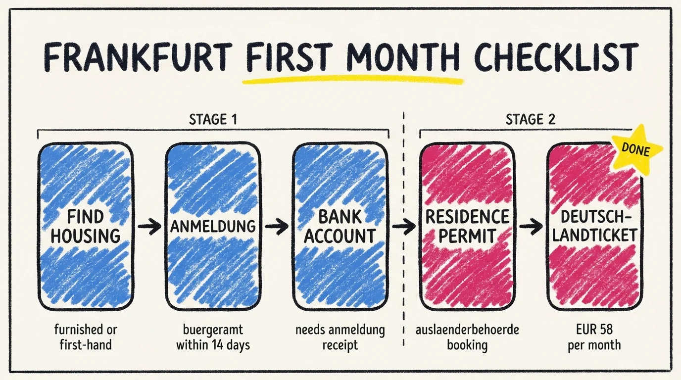 Frankfurt first-month process flow: Stage 1 covers find housing, Anmeldung at the Buergeramt within 14 days, and opening a bank account; Stage 2 covers the residence permit at the Auslaenderbehoerde and buying the Deutschlandticket at EUR 58 per month