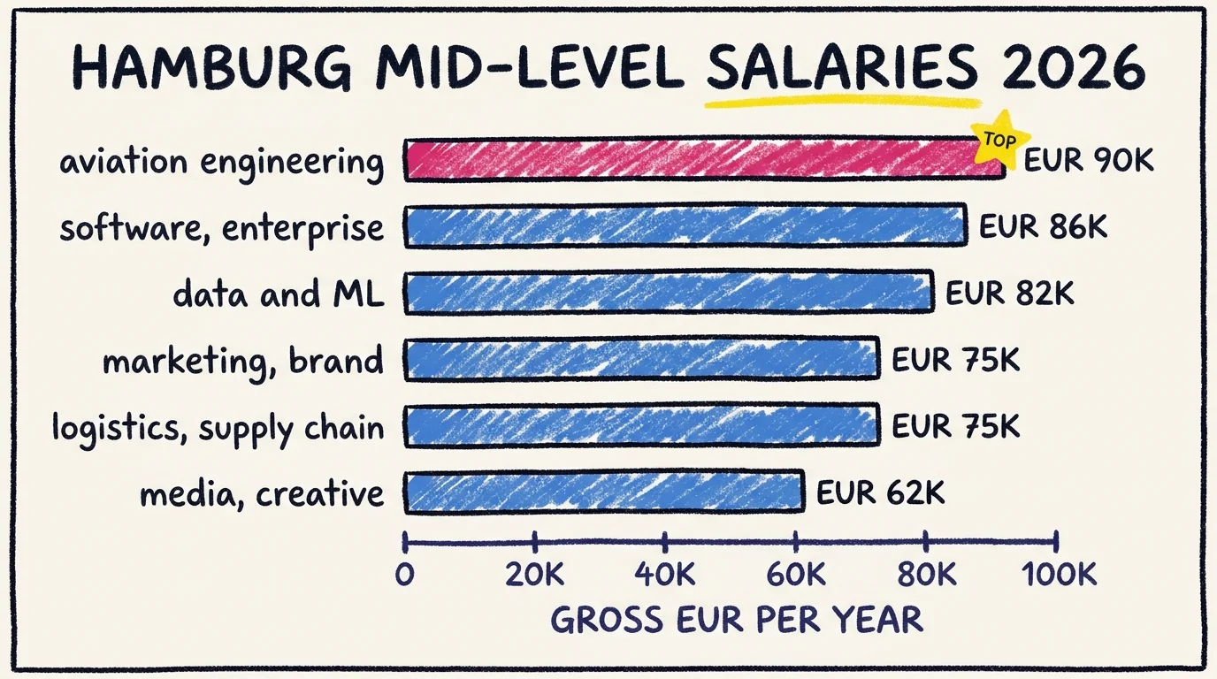 Hamburg mid-level annual gross salaries 2026 by field: aviation engineering EUR 90K (top), software enterprise EUR 86K, data and ML EUR 82K, marketing brand EUR 75K, logistics supply chain EUR 75K, media creative EUR 62K