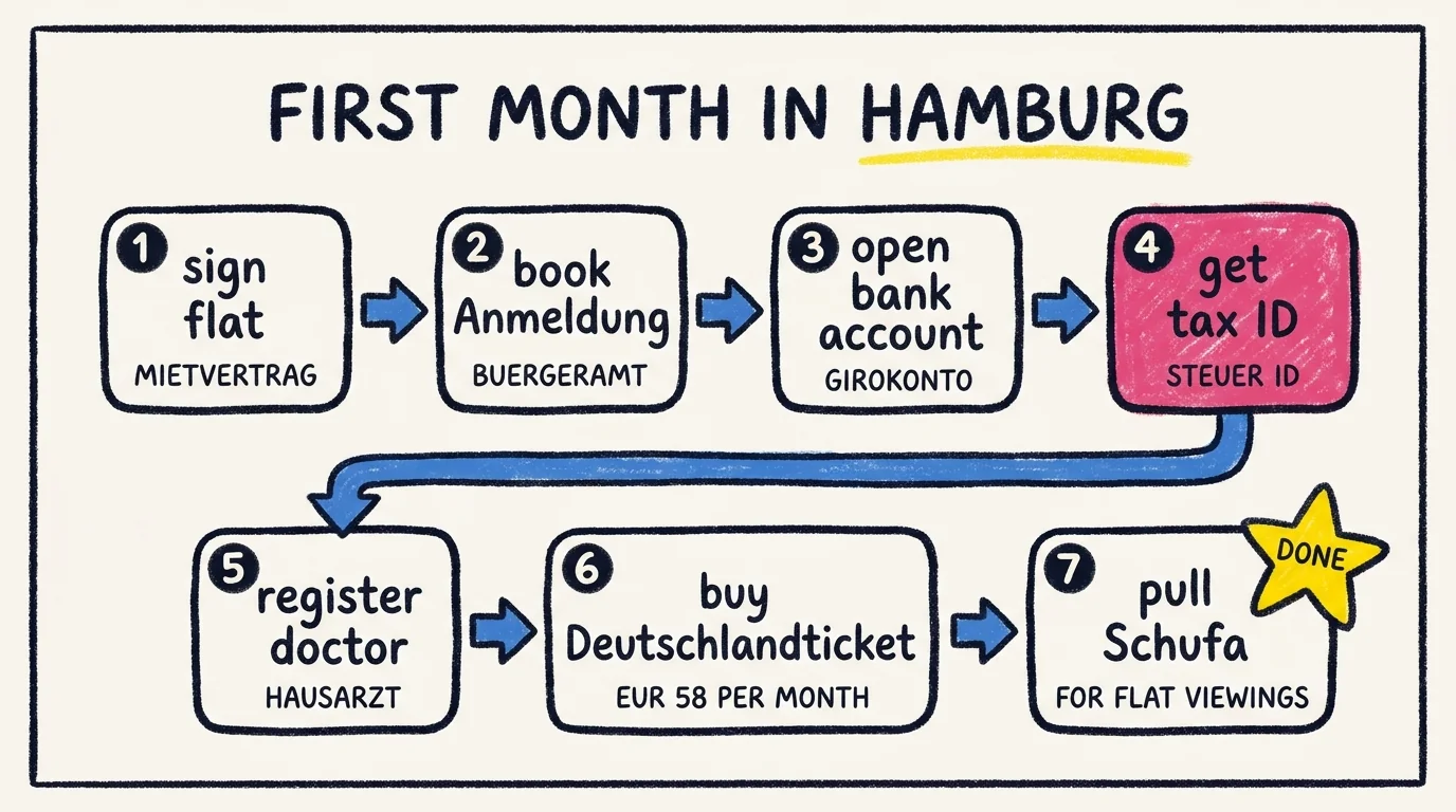 First month in Hamburg, seven step process flow: 1 sign flat (Mietvertrag), 2 book Anmeldung at Buergeramt, 3 open bank account (Girokonto), 4 get tax ID (Steuer ID), 5 register doctor (Hausarzt), 6 buy Deutschlandticket EUR 58 per month, 7 pull Schufa for flat viewings, then DONE