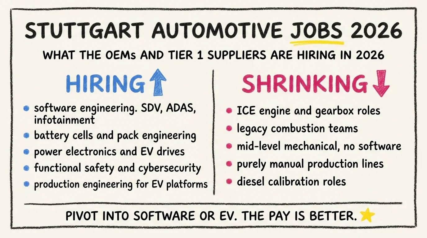 Stuttgart automotive jobs comparison: HIRING side lists software engineering for SDV ADAS infotainment, battery cells and pack engineering, power electronics and EV drives, functional safety and cybersecurity, production engineering for EV platforms. SHRINKING side lists ICE engine and gearbox roles, legacy combustion teams, mid-level mechanical without software, purely manual production lines, diesel calibration roles. Verdict: pivot into software or EV.