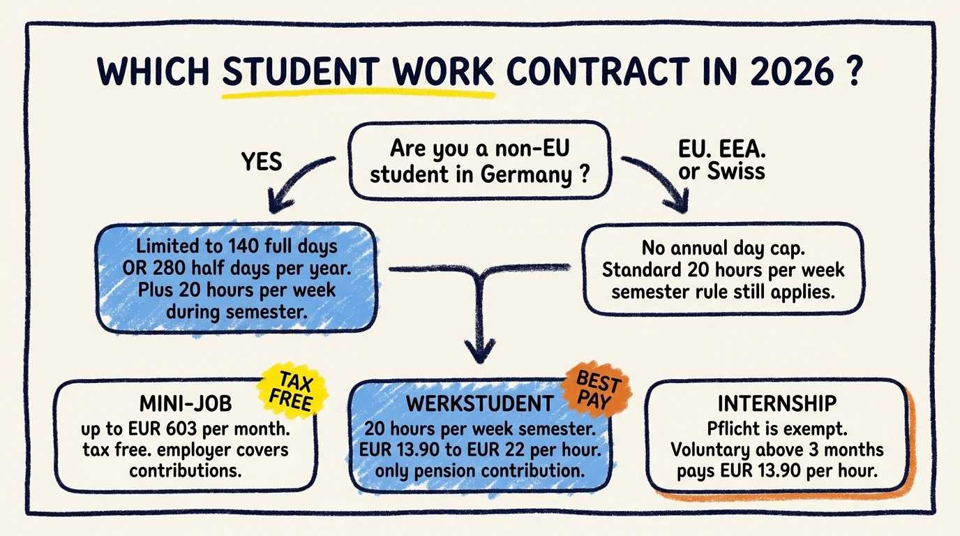 Decision tree for picking the right student work contract in Germany 2026: non-EU students cap at 140 full days or 280 half days per year plus 20 hours per week during semester. Three contract paths shown: Mini-Job up to EUR 603 per month tax free, Werkstudent at EUR 13.90 to EUR 22 per hour with only pension contribution, and Internship where Pflicht is exempt and voluntary above three months pays EUR 13.90 per hour.