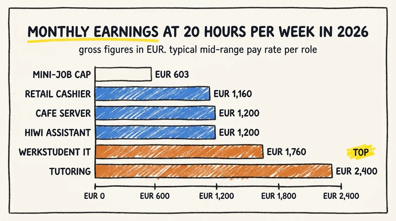 Horizontal bar chart of monthly gross earnings at 20 hours per week in Germany 2026. Mini-job cap sits at EUR 603, retail cashier roles at EUR 1,160, cafe server and HiWi assistant at EUR 1,200, Werkstudent IT roles at EUR 1,760, and tutoring at the top with EUR 2,400 marked with a yellow TOP sticker.