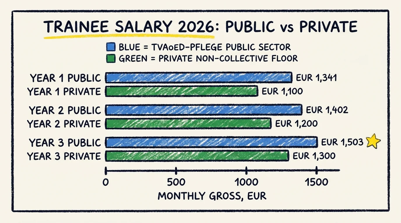 Trainee salary 2026 comparison bar chart: Year 1 public EUR 1,341 vs private EUR 1,100, Year 2 public EUR 1,402 vs private EUR 1,200, Year 3 public EUR 1,503 vs private EUR 1,300 monthly gross