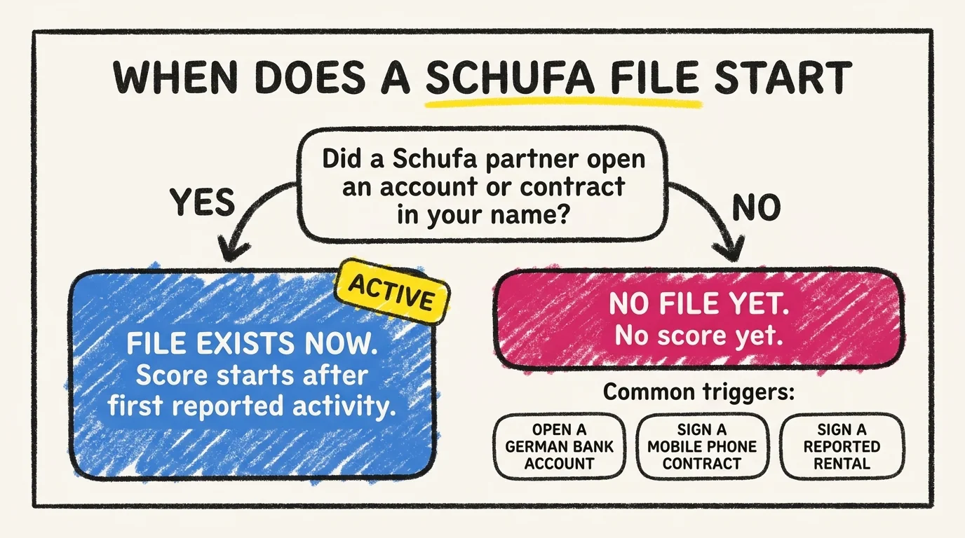Decision tree showing what creates a Schufa file for a new arrival in Germany. Top question reads "Did a Schufa partner open an account or contract in your name". On the YES path it branches to "File now exists, score starts being calculated after first reported activity". On the NO path it branches to "No file yet, no score yet" and lists three common triggers: open a German bank account, sign a mobile phone contract, sign a rental agreement that the landlord reports.