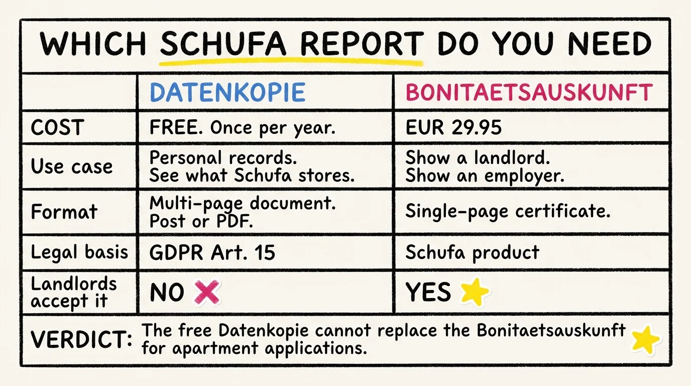 Comparison table showing the Schufa Datenkopie which is free under GDPR Article 15 and used for personal records, versus the Bonitätsauskunft which costs 29.95 euros and is the certificate that landlords accept. The verdict row notes that the Datenkopie cannot replace the Bonitätsauskunft for apartment applications.