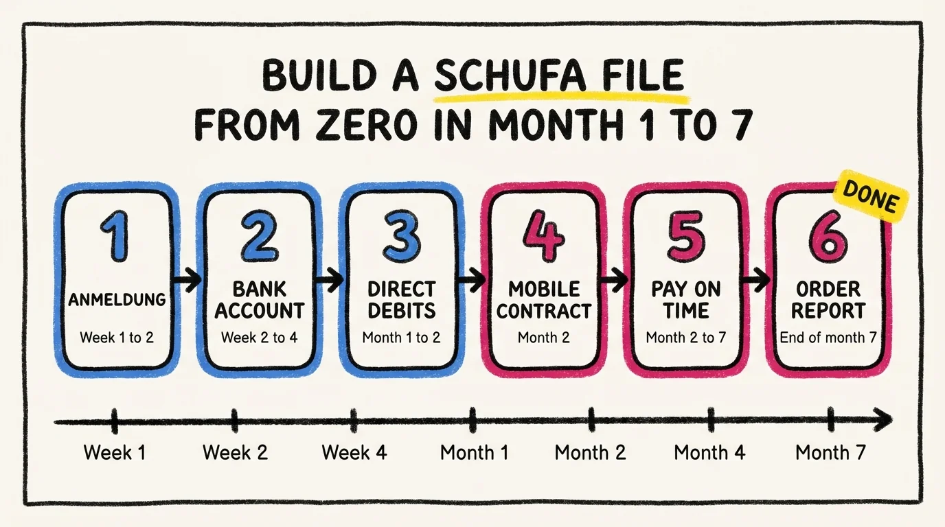 Process flow showing six numbered steps for building a Schufa file from zero, starting with Anmeldung in week one, then opening a German bank account in week two, then setting up two recurring direct debits in month one, then a German mobile contract in month two, then six months of clean payment history, then ordering a Bonitätsauskunft at the end of month seven. Each step has a short caption underneath.
