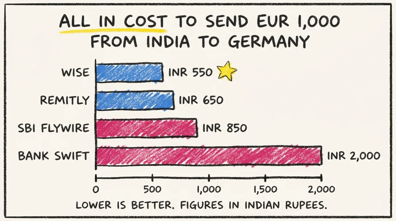 Horizontal bar chart comparing all-in cost in INR to send EUR 1,000 from India to Germany. Wise wins at INR 550, Remitly INR 650, SBI Flywire INR 850, bank SWIFT INR 2,000.