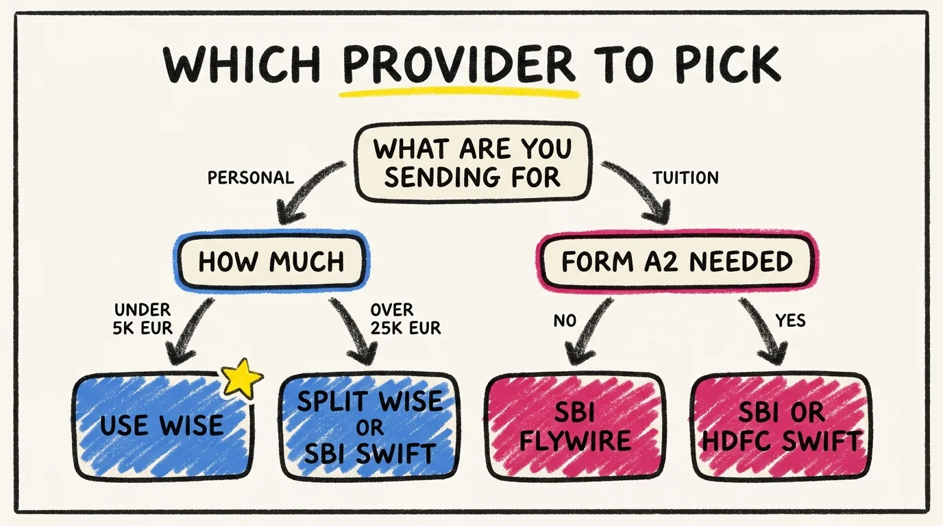Decision tree for picking a remittance provider. Top splits on personal vs tuition, then by amount under or over EUR 5,000 and by whether a stamped Form A2 is needed. Leaves point to Wise, split Wise or SBI SWIFT, SBI Flywire, or SBI/HDFC SWIFT.