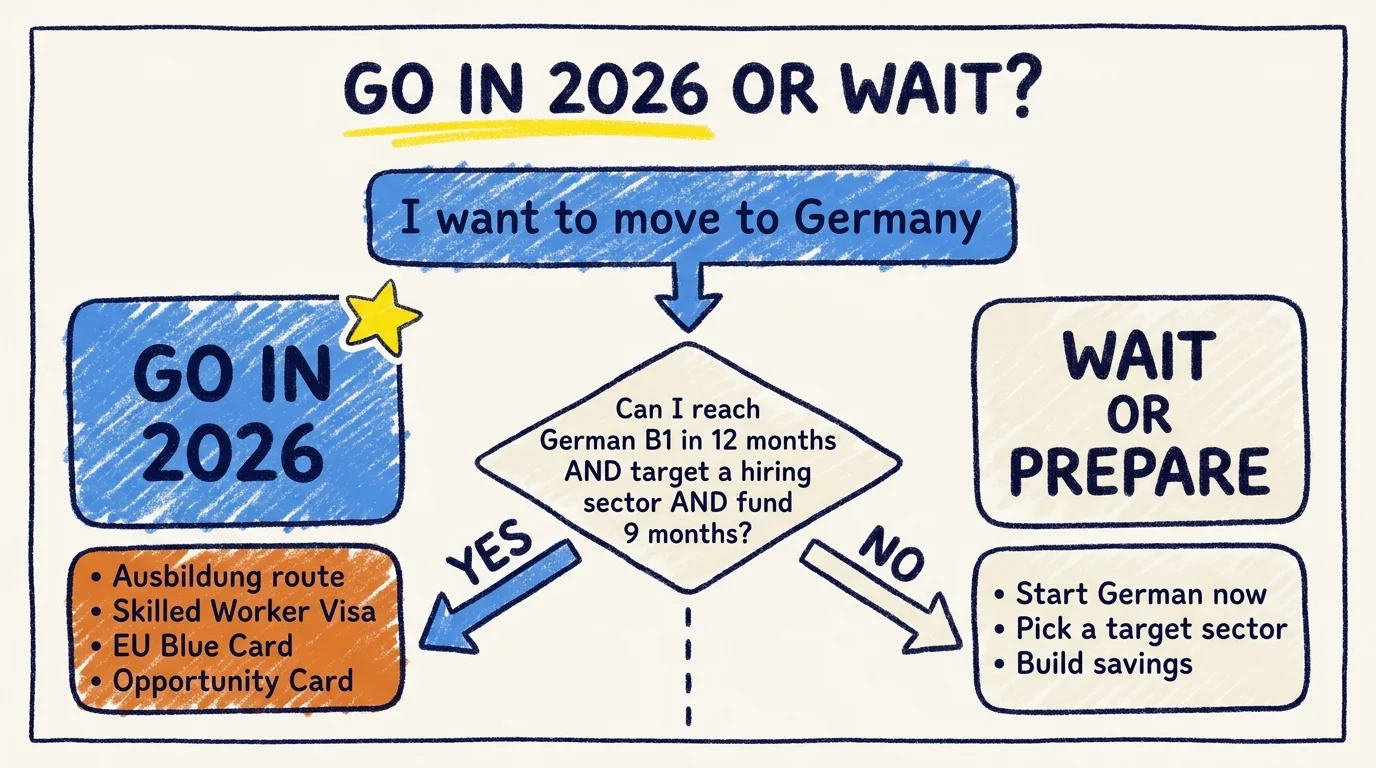 Decision tree titled Go in 2026 or Wait, asking whether you can reach German B1 in 12 months and target a hiring sector and fund 9 months. Yes branches to Go in 2026 with Ausbildung route, Skilled Worker Visa, EU Blue Card, Opportunity Card. No branches to Wait or Prepare with start German now, pick a target sector, build savings.