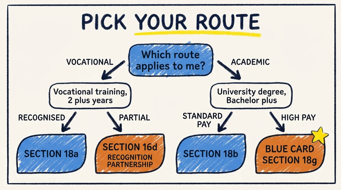 Decision tree showing how to pick your skilled worker visa route. Vocational training with full recognition leads to Section 18a. Vocational with partial recognition leads to Section 16d Recognition Partnership. University degree at standard salary leads to Section 18b. University degree with high salary leads to Blue Card Section 18g.