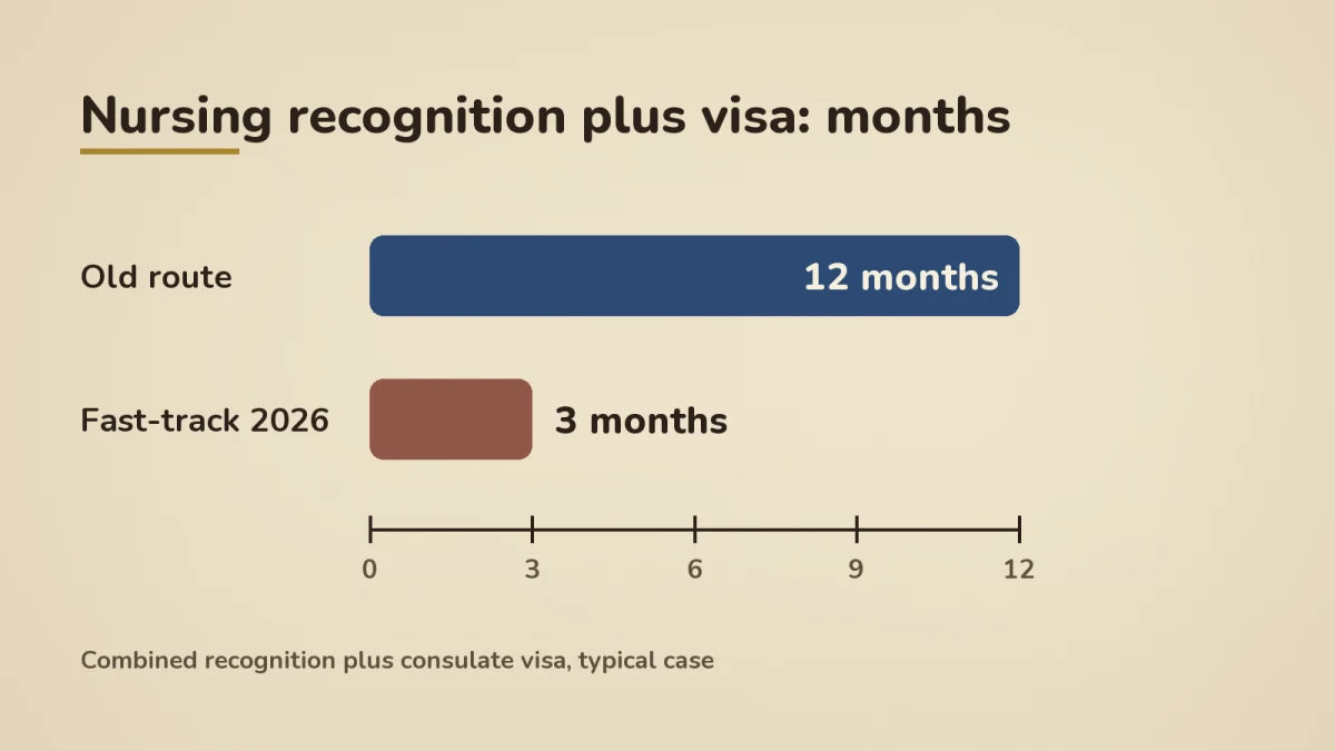 Horizontal bar chart titled Nursing recognition plus visa, in months. Old route bar runs to 12 months in Brand Blue. Fast-track 2026 bar runs to 3 months in Pillar Orange with a yellow star marking the winner. Axis ticks at 0, 3, 6, 9, 12. Caption: combined recognition plus consulate visa, typical case.