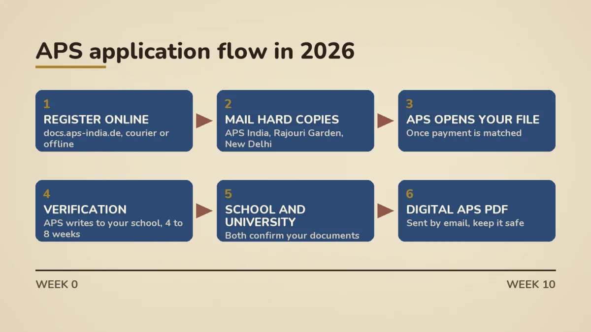 APS application flow timeline 2026 with six steps from week 0 to week 10: register online and pay the fee, mail hard copies to RK Khanna Stadium New Delhi, APS opens your file and matches payment, verification with APS writing to your school over four to eight weeks, school and university confirm your documents, digital APS PDF arrives by email