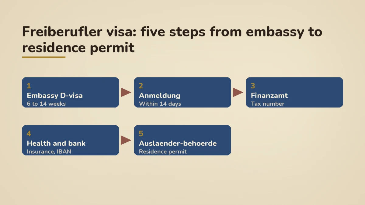 Five steps from embassy D-visa application to residence permit at the Ausländerbehörde, mapped on a six-month timeline showing months 0, 3, 4, 4, and 6.