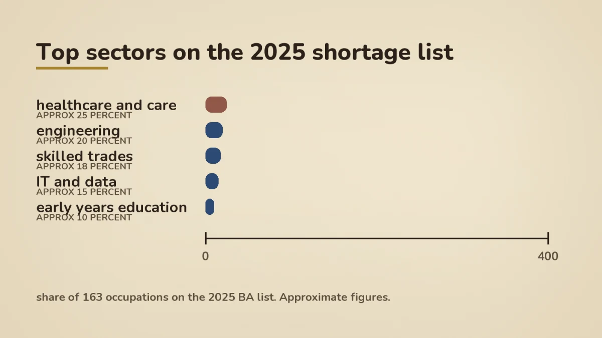 Horizontal bar chart of the top sectors on the 2025 BA shortage list: healthcare and care approx 25 percent (largest, marked with a yellow star), engineering approx 20 percent, skilled trades approx 18 percent, IT and data approx 15 percent, early years education approx 10 percent, drawn in MSinGermany style