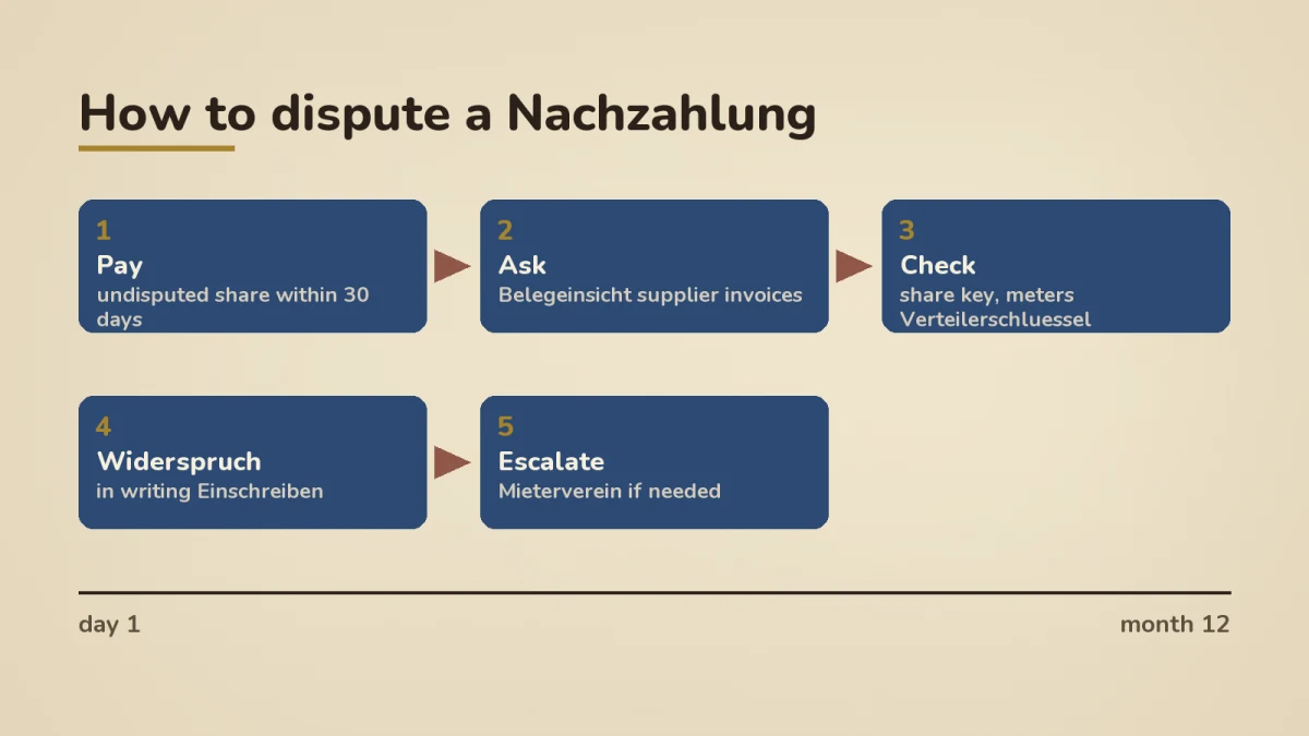Five-step horizontal process flow for disputing a Nebenkosten Nachzahlung under Section 556 BGB: Step 1 pay undisputed share within 30 days, Step 2 ask for Belegeinsicht, Step 3 check share key and meters, Step 4 file Widerspruch in writing, Step 5 escalate to Mieterverein if needed. Timeline runs from day 1 to month 12.