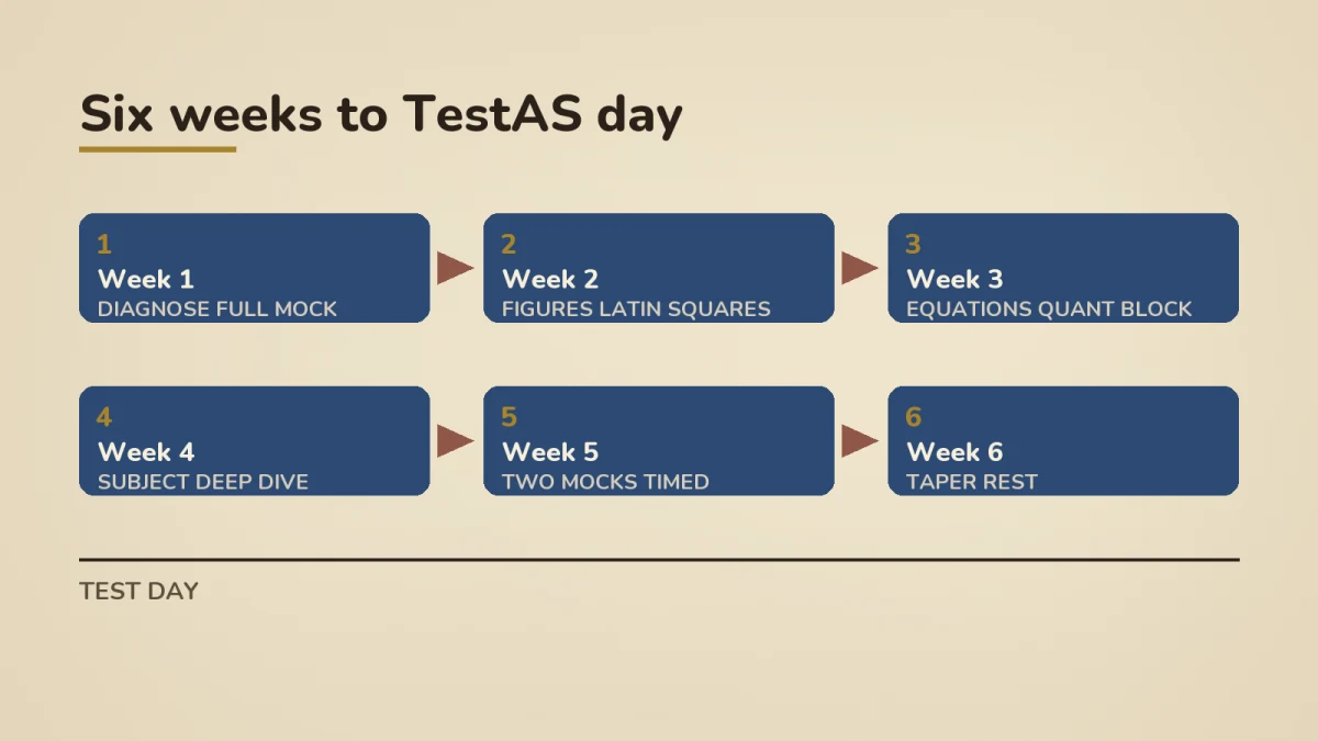 Six-week TestAS prep plan process flow: Week 1 diagnose with full mock, Week 2 figures and Latin squares, Week 3 equations and quant block, Week 4 subject deep dive, Week 5 two timed mocks, Week 6 taper and rest, leading to test day, at 10 to 12 hours per week