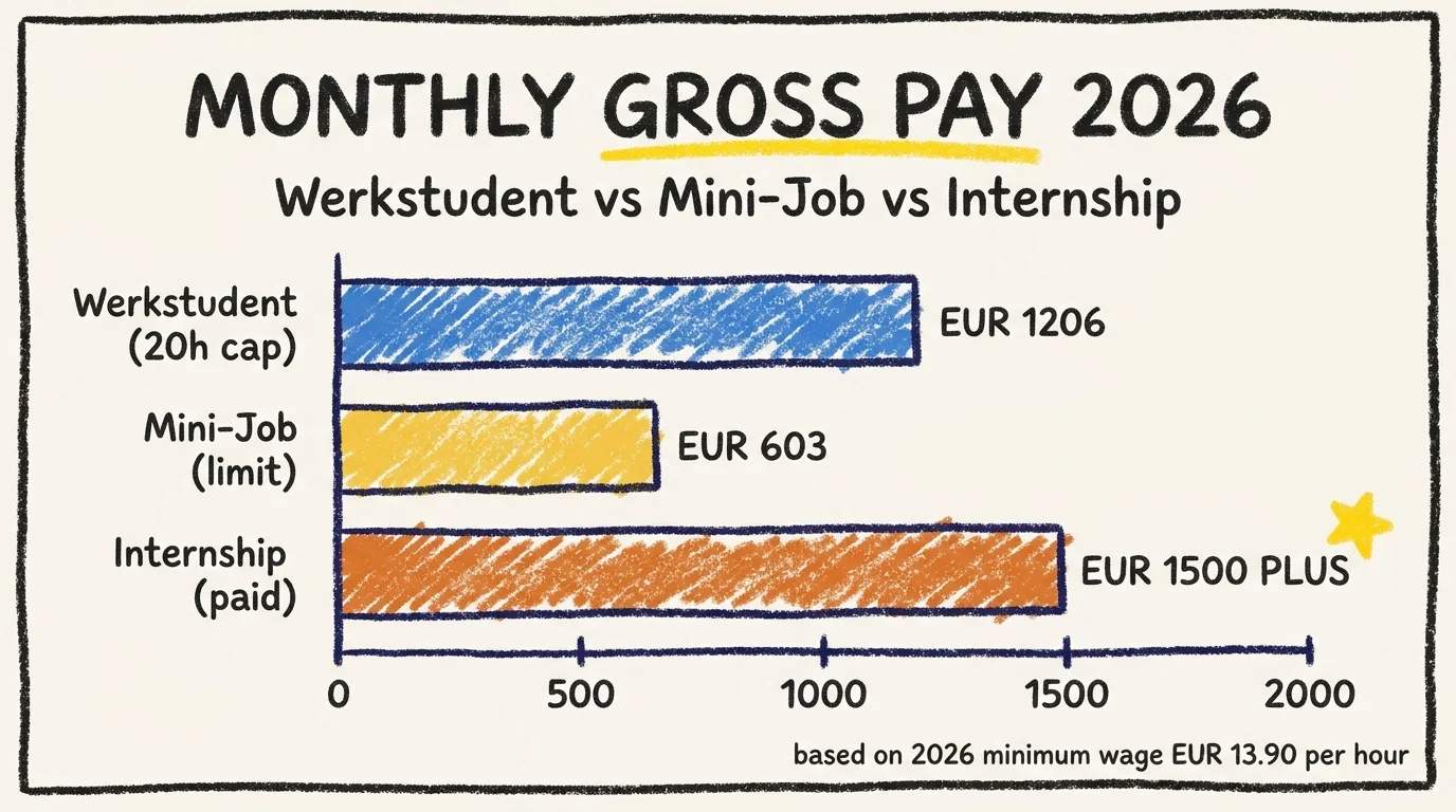 Horizontal bar chart titled Monthly Gross Pay 2026 comparing Werkstudent at 20-hour cap (EUR 1206 in blue), Mini-Job at limit (EUR 603 in yellow), and Internship paid (EUR 1500 plus, in orange with a yellow star). Axis ticks at 0, 500, 1000, 1500, 2000. Caption notes 2026 minimum wage of EUR 13.90 per hour