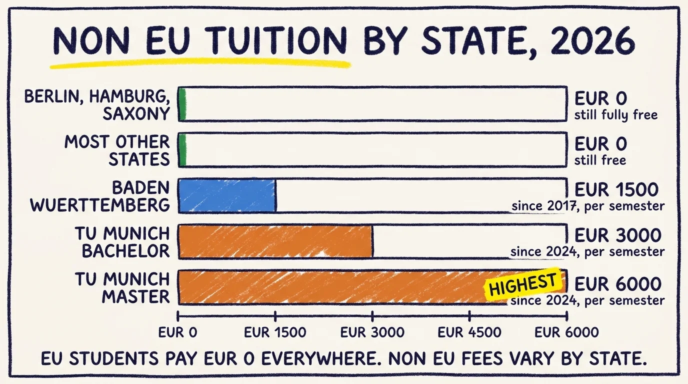 Comparison bar chart of non-EU tuition by German state in 2026: Berlin Hamburg Saxony at 0 euros, most other states at 0 euros, Baden-Württemberg at 1500 euros per semester since 2017, TU Munich Bachelor at 3000 euros per semester since 2024, TU Munich Master at 6000 euros per semester since 2024 marked highest. EU students pay 0 euros everywhere.